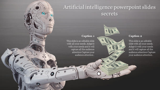 AI themed PowerPoint slide showing a robot with money floating in the air, symbolizing financial success with captions.