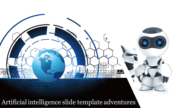 Slide with a futuristic globe surrounded by blue technology patterns and two white robots on a contrasting background.