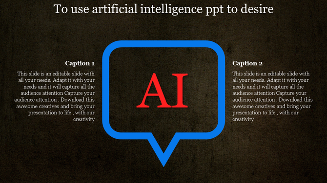 Artificial intelligence PowerPoint template featuring bold AI in red within a blue outline and descriptive text captions.