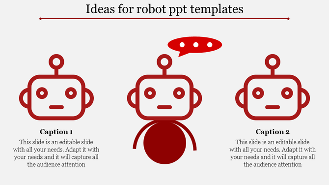 Robot-themed slide with three minimalistic red robot illustrations, the middle one highlighted with a speech bubble.