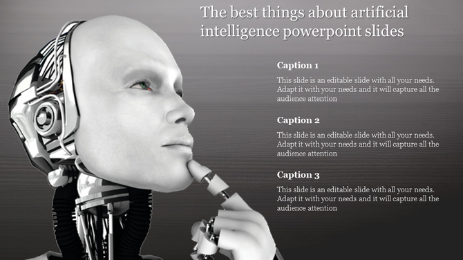 Futuristic design with a humanoid robot head in metallic tones on a gray background, featuring three captions on the right.