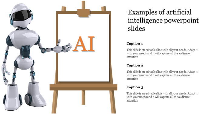 A robot points to a flip chart displaying AI while three placeholder captions are listed on the right.