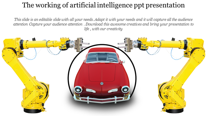 Illustration of artificial intelligence with two robotic arms assembling or inspecting a red car under a circular frame.