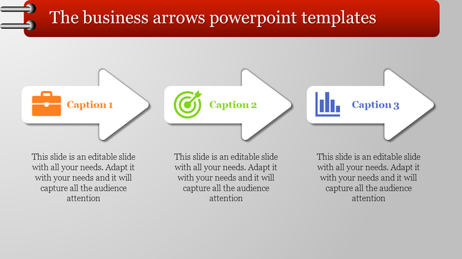 Horizontal arrow diagram with captions below, highlighting a briefcase, a target icon, and a bar chart for business steps.