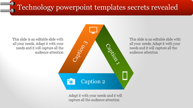 Technology PowerPoint template with a triangular design featuring icons for phone, camera, and computer in three segments.