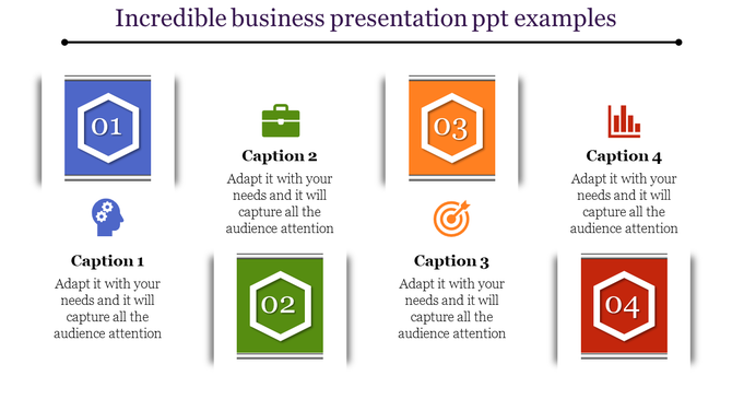 Color-coded business slide with hexagonal labels and icons for brainstorming, strategy, objectives, and data visualization.