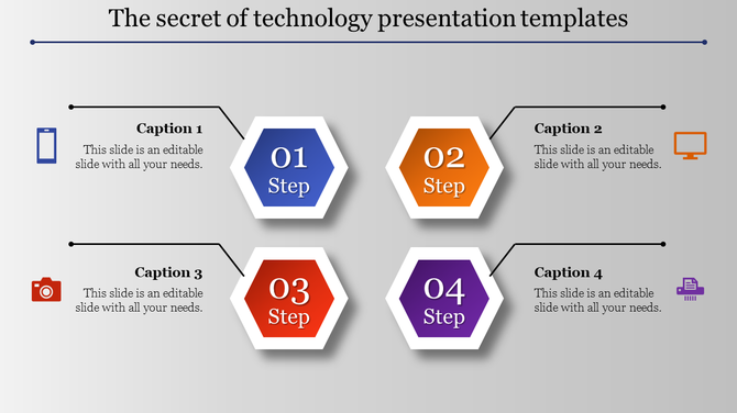 Technology PPT slide featuring hexagons with icons representing mobile phone, computer, camera, and printer steps.