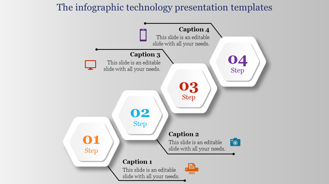 Technology template featuring ascending hexagons with colored numbers and device icons on connector lines.