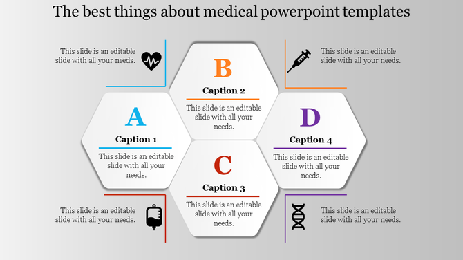 Medical themed hexagonal infographic with icons and captions A, B, C, and D on a gradient background.