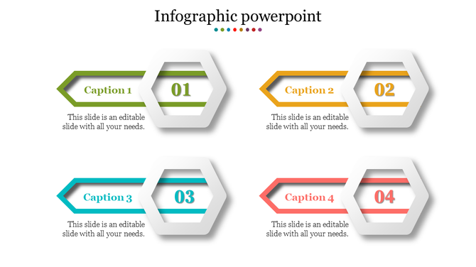 Colorful infographic with arrows and hexagonal shapes, presenting four numbered captions on a white background.