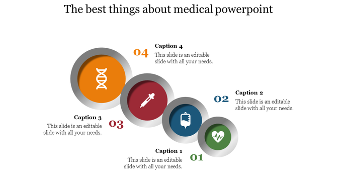 Medical PowerPoint slide with four icons representing health related topics DNA, syringe, IV bag, and heartbeat monitor.