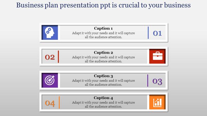 Four horizontal sections with icons and captions, numbered 01 to 04, in blue, red, purple, and orange themes.