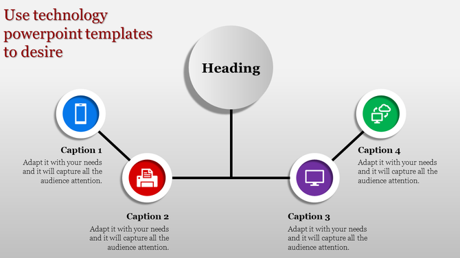 Networked technology infographic branching out to blue, red, purple, and green icons representing tech devices.