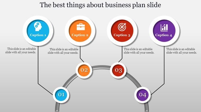Business plan slide with four steps represented by circles, each with an icon and caption.