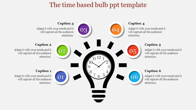 Time based infographic central clock inside a lightbulb graphic, surrounded by six labeled circular steps.