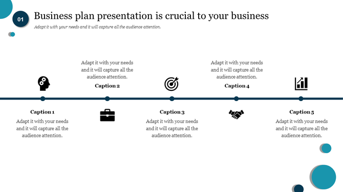 Business plan presentation slide with a timeline featuring icons for strategy, goals, and growth with captions.
