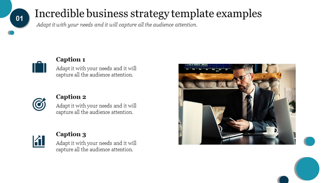 Business strategy slide with three captions on the left with icons, and an image of a businessman on the right.