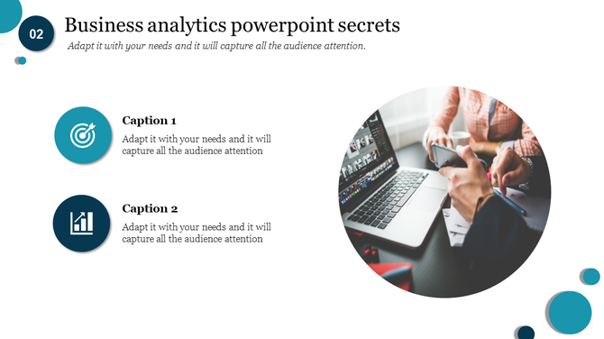 Business analytics slide featuring icons for goal setting and data analysis with a circular image of a laptop and hands.