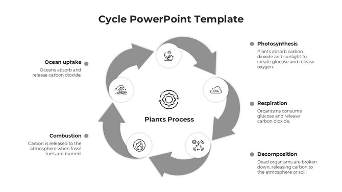Gray circular arrow layout with five icons for stages around a central gear symbol, showing a process cycle.