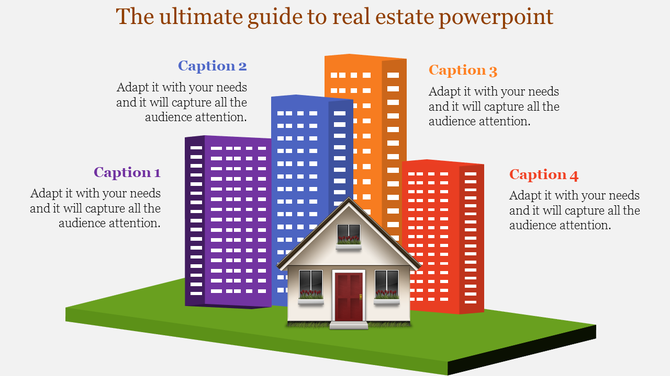 A real estate themed PowerPoint slide featuring a row of colorful buildings and a house, with four caption sections.