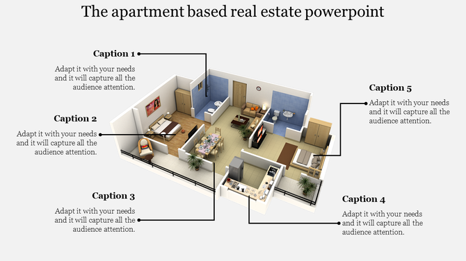 A real estate PowerPoint template featuring a 3D layout of an apartment with labels for captions.