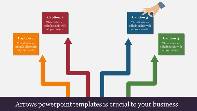PowerPoint slide with colorful arrows pointing in different directions, each with a caption box for content.