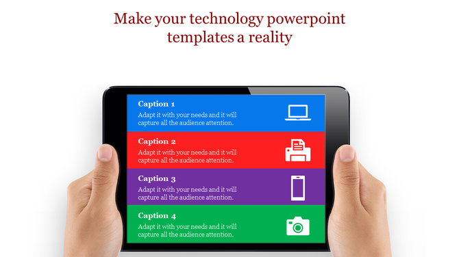 Technology PowerPoint slide showing a tablet with colorful caption boxes and icons representing various devices.