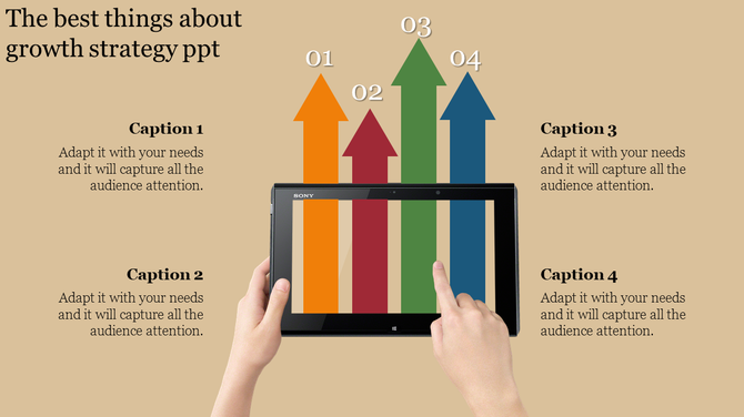 Growth strategy slide shows four colorful upward arrows on a tablet with a caption and a hand interacting with the device.