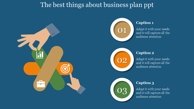 Slide with intersecting ribbons in orange, green, and brown, featuring icons and numbered captions on a blue backdrop.