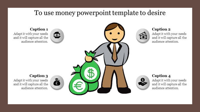 Slide with a central character holding money bags and four captions with finance-related symbols.