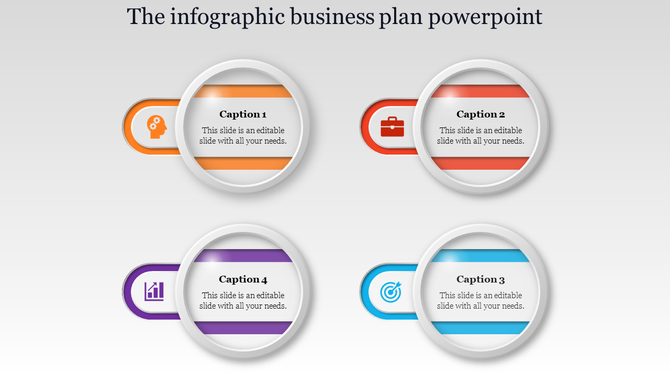 Business plan slide with four circular icons representing key topics each with a corresponding caption.
