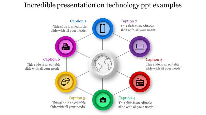 Six icons in colored circles arranged around a globe, linked by lines, symbolizing various technological tools and systems.