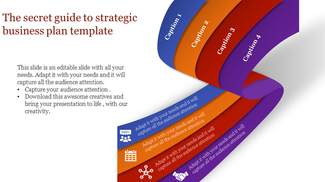 Dynamic ribbon design with blue, orange, red, and purple sections, representing four strategic steps with captions and icons.
