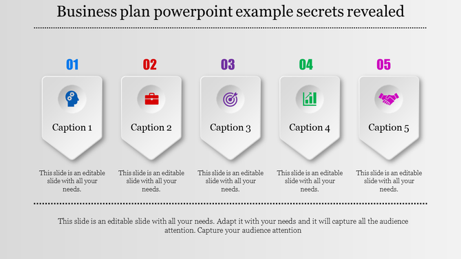 Business plan slide featuring five sections with icons for strategy, business tools, target goals, growth, and partnerships.