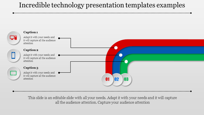 Technology themed slide with three captions connected to curved red, blue, and green lines ending in numbered circles.