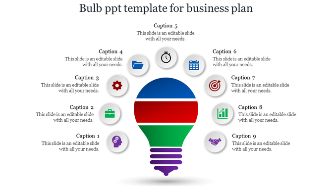 Four part light bulb design with nine circular icons surrounding it, each labeled with captions for business planning.