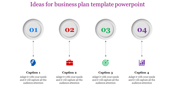 Business plan infographic with four numbered circular icons in blue, red, green, and purple, each linked to captions below.