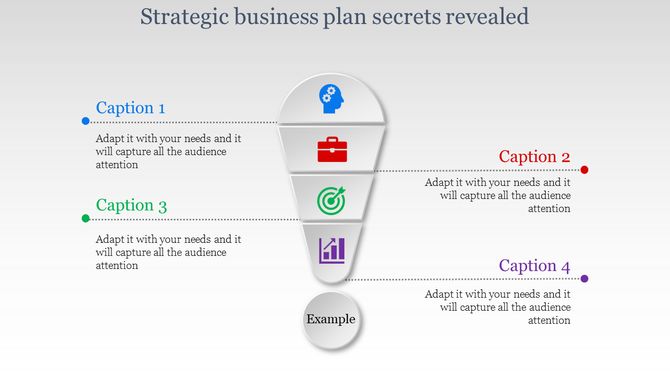 Business slide with a funnel graphic with four sections in blue, red, green, and purple captions connected by dotted lines.