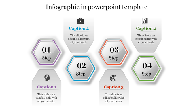 Hexagon based infographic with four steps in gradient shades of gray and colored outlines in purple, blue, orange, and green.