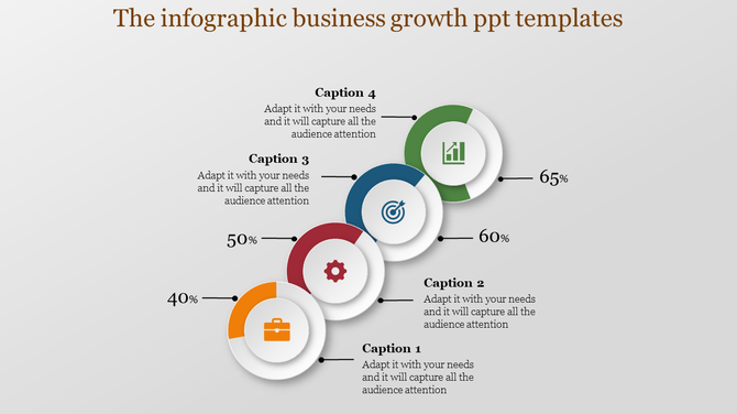 Business growth infographic with four interconnected circular elements displaying captions and percentages.