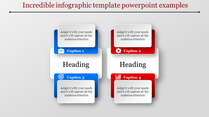 Infographic slide with two sections, each featuring a heading and two color-coded captions in blue and red.