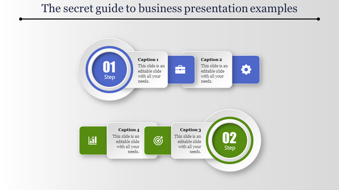 Business presentation steps with colorful icons and text in a structured layout with placeholder text.
