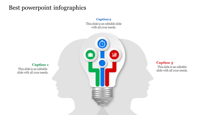 Infographic PPT slide featuring a lightbulb with icons representing business, time management, and growth for each caption.