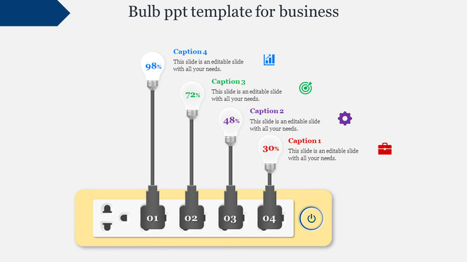Bulb PowerPoint template with percentage indicators, each light bulb representing different stages or levels of progress.