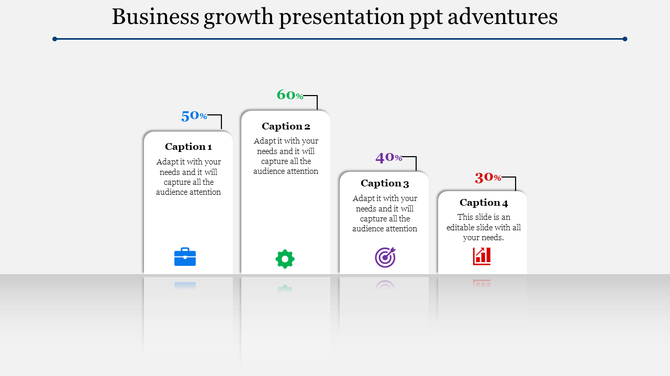 Business growth slide featuring four rectangular segments with percentages and icons, arranged in a descending order.