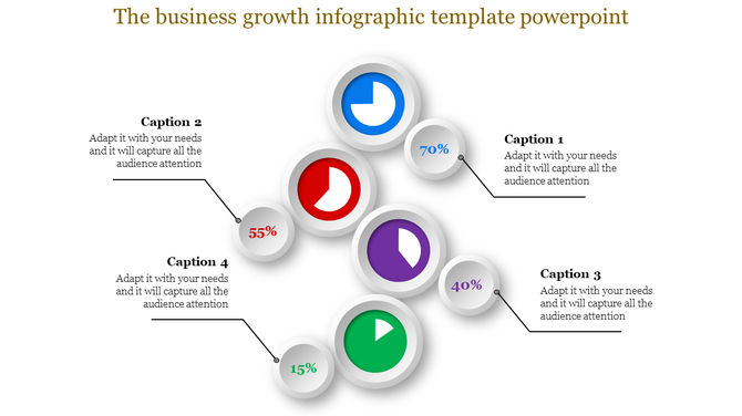 Infographic template for business growth showing circular progress indicators with varying percentages.