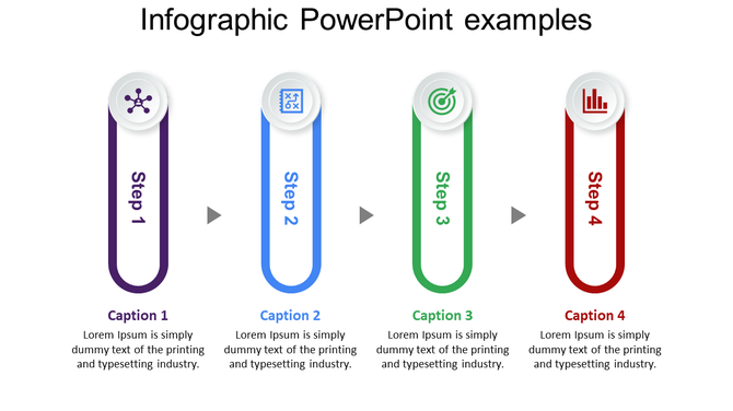 Four vertical infographic steps in purple, blue, green, and red with circular icons and captions below.