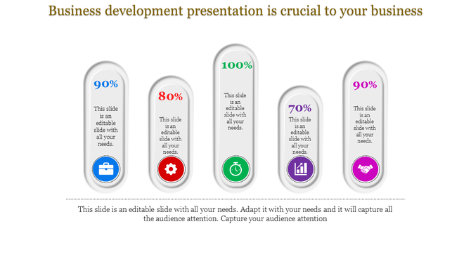 Five elongated capsules with percentages and matching icons for business, process, growth, and collaboration.