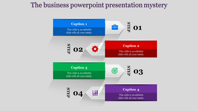 Business slide with four colorful steps in blue, red, green, and purple, each with captions and icons on a gray background.