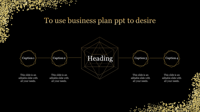 Business plan slide with four sections, each labeled with a caption, and a central heading surrounded by gold elements.